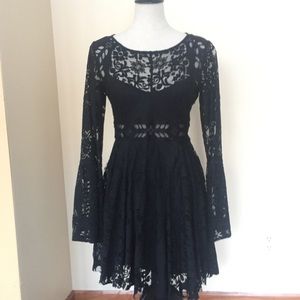 Free People Black Lace Long-sleeved Mini Dress